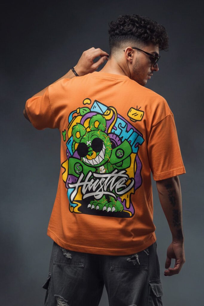 'Hustle' Orange Back-Graphic Oversized T-Shirt